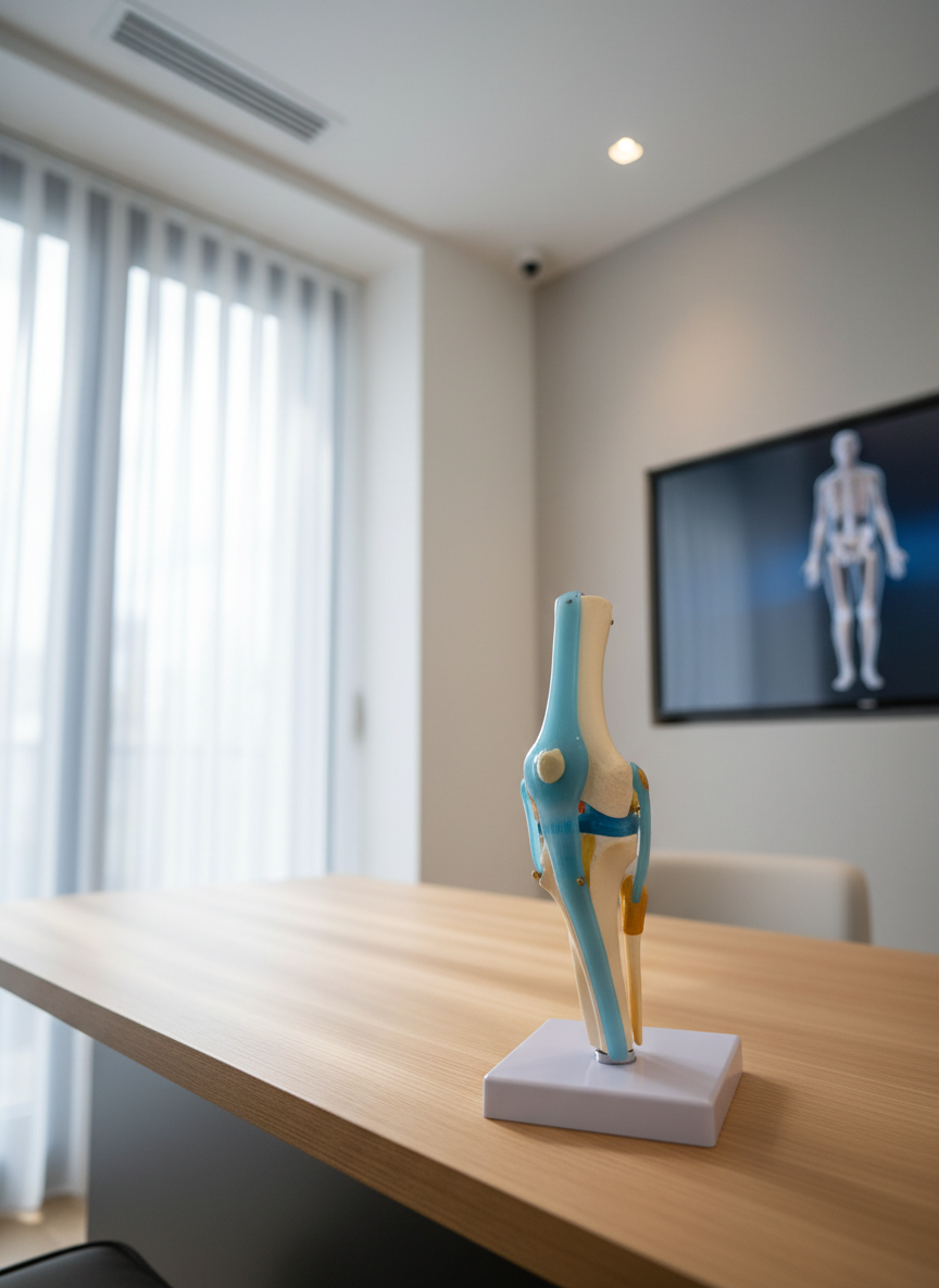 A clean, modern orthopedic consultation room with a detailed anatomical model of a hip and knee joint placed prominently on a light wood desk. The model features accurately rendered ligaments, cartilage, and bone structures in muted anatomical colors: ivory bone, translucent blue cartilage, and pale yellow ligaments. Behind, a large wall-mounted screen shows a blurred 3D rendering of a lower limb skeleton. Natural daylight filters through a frosted glass window, softened by sheer white blinds, combining with discreet recessed ceiling lights to create a bright yet gentle illumination. Shot from a slightly low angle, focusing sharply on the model with a soft, professional background bokeh. The mood is calm, reassuring, and educational, with a photographic realism and minimalist aesthetic ideal for explaining orthopedic surgery options.