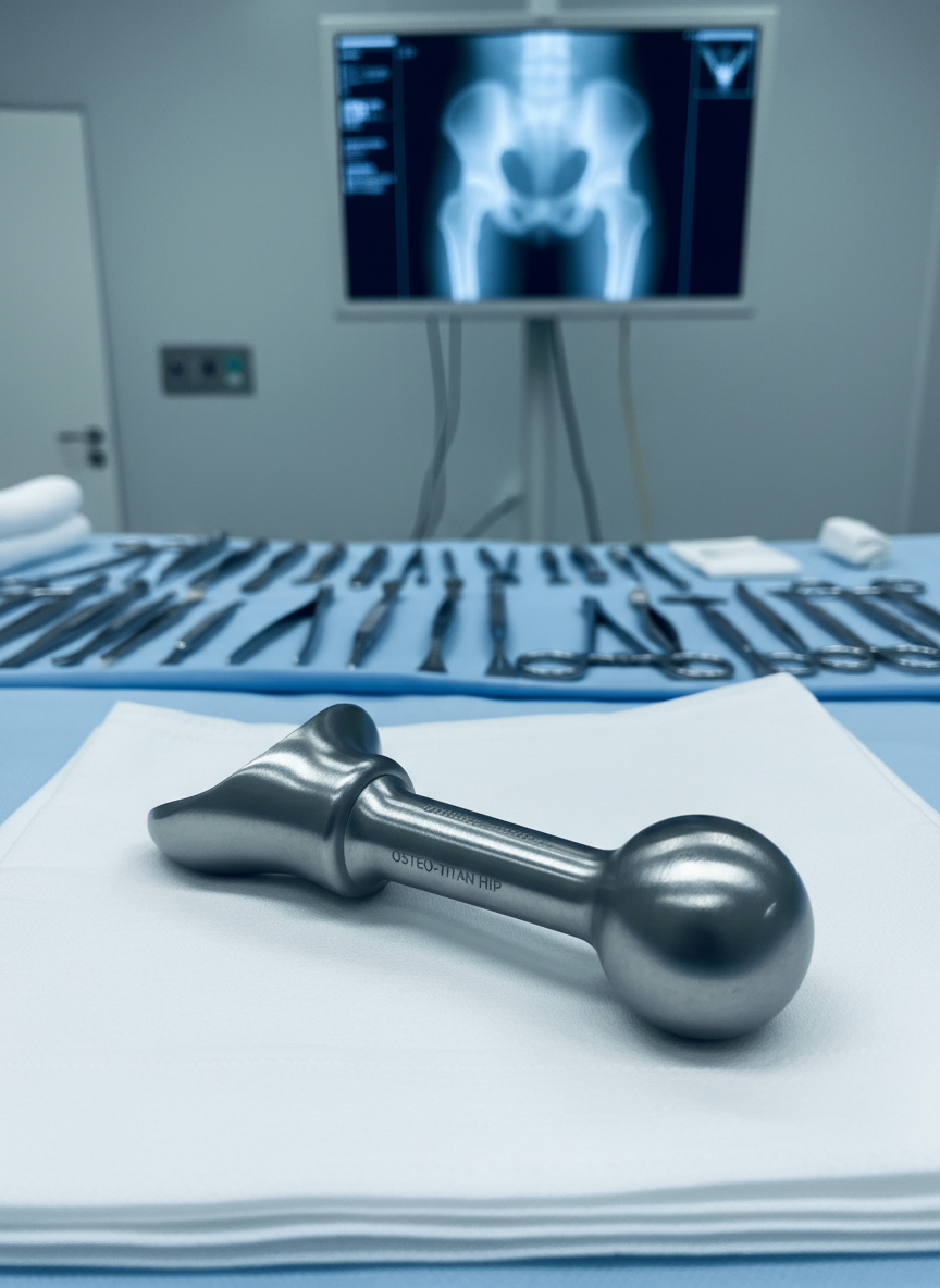A detailed close-up of a stainless-steel orthopedic hip implant resting on a pristine white surgical drape in a modern operating theatre. The metal surface has a finely brushed texture with subtle engraved markings, catching cool, diffused overhead operating lights that create crisp reflections and precise shadows. Behind, slightly out of focus, are organized rows of surgical instruments on a blue sterile tray and a large digital monitor displaying a faint, blurred hip X-ray. Photographic realism with a clean, modern, clinical aesthetic, shot at eye level with a shallow depth of field. The mood is highly professional, precise, and reassuring, emphasizing technological excellence in hip surgery without any human presence.