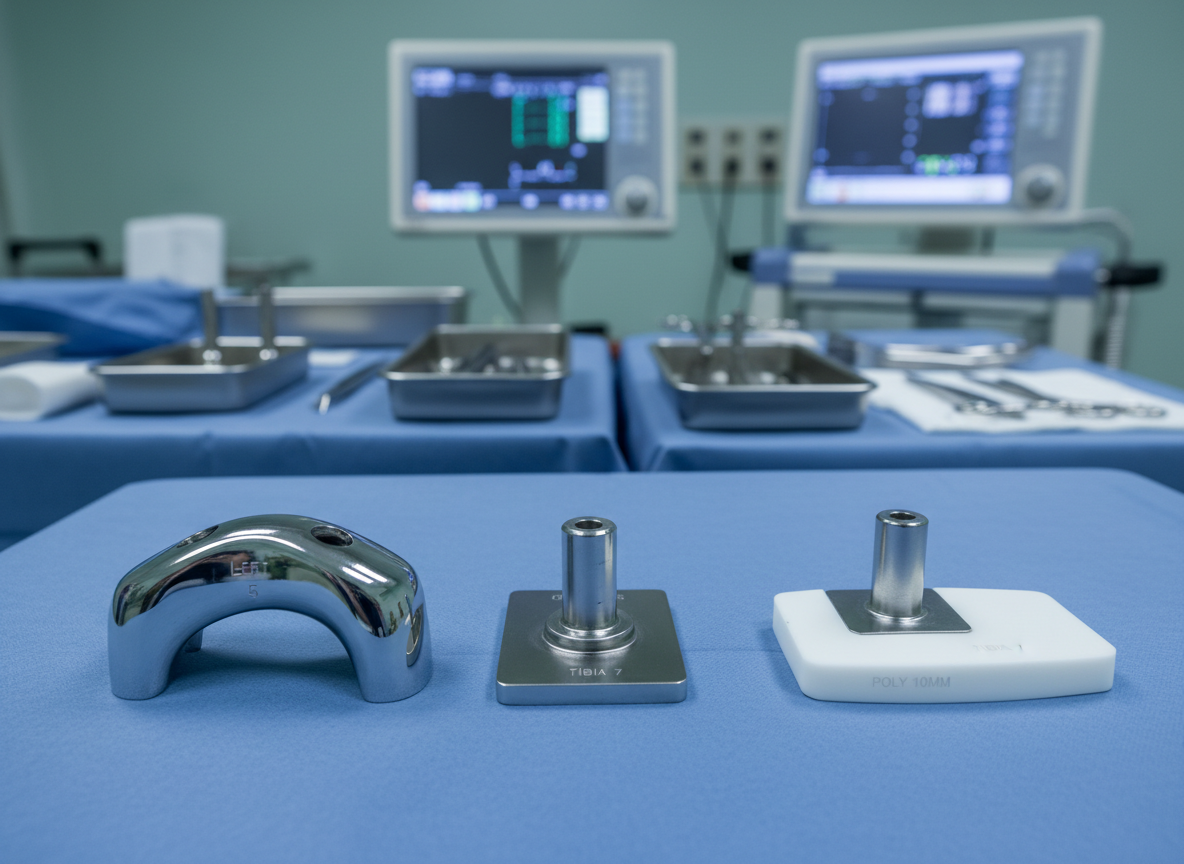 A full-frame photographic view of a meticulously arranged set of knee replacement components on a matte blue sterile field, including a polished metallic femoral component, tibial plate, and white polyethylene insert. Each piece is aligned with measured spacing, with engraved size markings visible on their surfaces. Cool, even surgical lighting from above creates defined highlights along the curved chrome edges and soft shadows beneath. In the background, defocused surgical trays and a digital navigation system console add depth. Captured from a slightly elevated angle with sharp focus on the implants and gentle bokeh behind. The atmosphere is calm, methodical, and highly professional, reflecting state-of-the-art knee surgery and precision orthopedics.