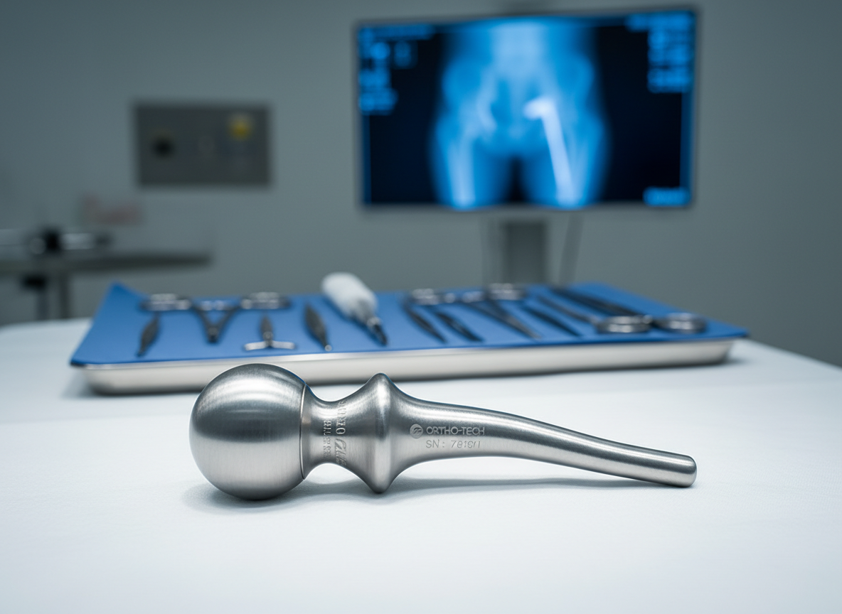 A detailed close-up of a stainless-steel orthopedic hip implant resting on a pristine white surgical drape in a modern operating theatre. The metal surface has a finely brushed texture with subtle engraved markings, catching cool, diffused overhead operating lights that create crisp reflections and precise shadows. Behind, slightly out of focus, are organized rows of surgical instruments on a blue sterile tray and a large digital monitor displaying a faint, blurred hip X-ray. Photographic realism with a clean, modern, clinical aesthetic, shot at eye level with a shallow depth of field. The mood is highly professional, precise, and reassuring, emphasizing technological excellence in hip surgery without any human presence.