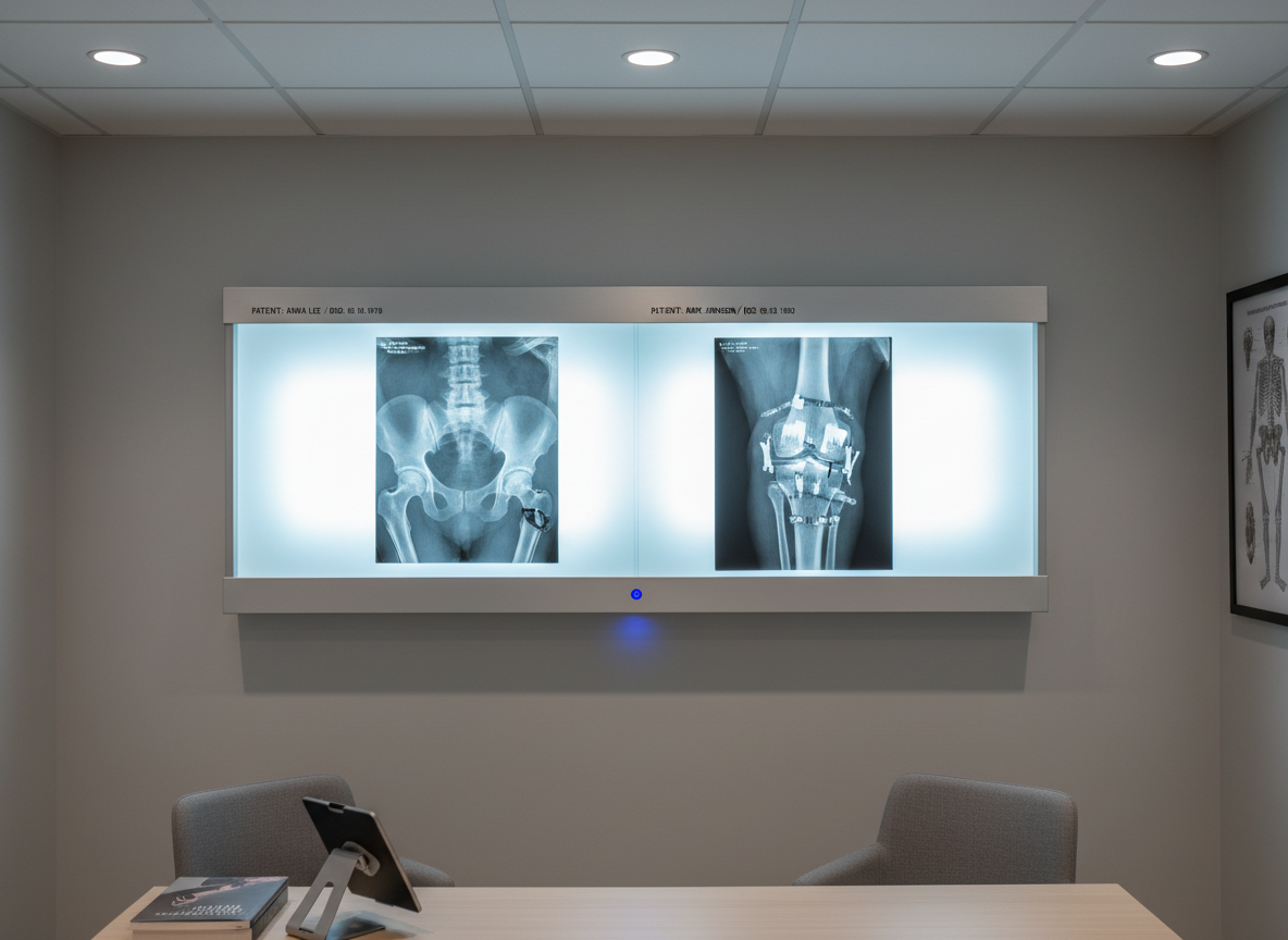 A large, wall-mounted illuminated X-ray film viewer displaying high-resolution images of hip and knee joints, including one clear radiograph of a total hip prosthesis and another of a reconstructed knee after trauma. The viewer is set against a smooth, light-gray wall in a consultation room with minimalist orthopedic decor. Soft, neutral ceiling lighting casts an even glow without harsh shadows, while the X-ray lightbox itself emits a cool, clinical light that gently reflects on the surrounding surface. Photographic realism at a straight-on eye-level composition, with crisp focus on the medical imagery and a subtle blur on the edges. The mood is informative, precise, and professional, ideal for explaining surgical options in a trusted setting.