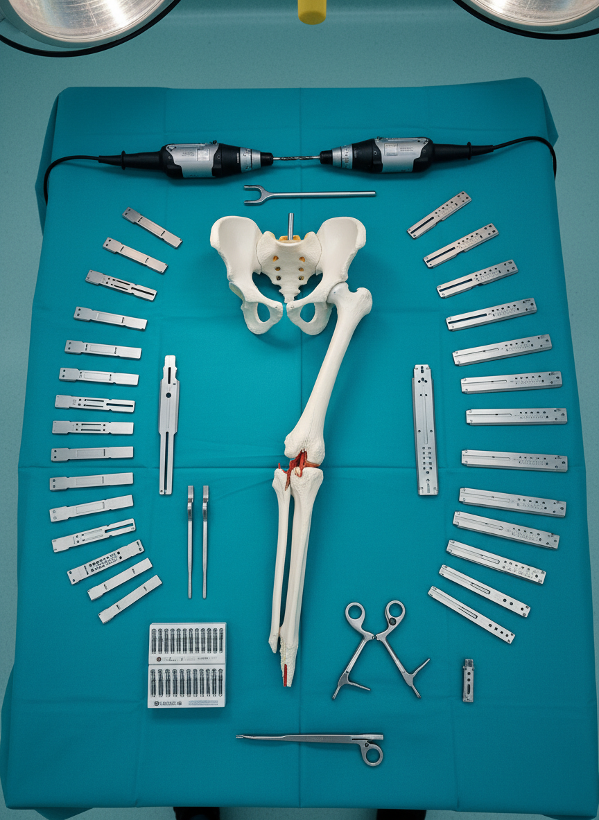 A high-resolution overhead photographic shot of a trauma surgery preparation table, covered with a taut, teal sterile drape. Centered on the table lies an anatomically detailed plastic model of a human femur and pelvis with a visible simulated fracture, surrounded by neatly aligned titanium plates, screws, and orthopedic drills. Clear, cool-toned operating room lighting from multiple ceiling sources eliminates harsh shadows, giving every metal edge a precise glint. The composition uses symmetrical balance, with the bone model as the focal point and instruments radiating around it. The atmosphere is focused and controlled, conveying readiness for complex traumatology procedures in a state-of-the-art orthopedic center, without any human figures or hands present.